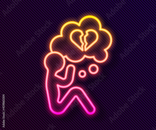 Glowing neon line Broken heart or divorce icon isolated on black background. Love symbol. Valentines day. Vector
