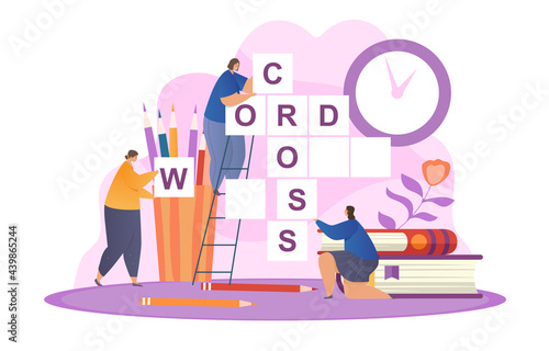 People solve crossword together filling empty box