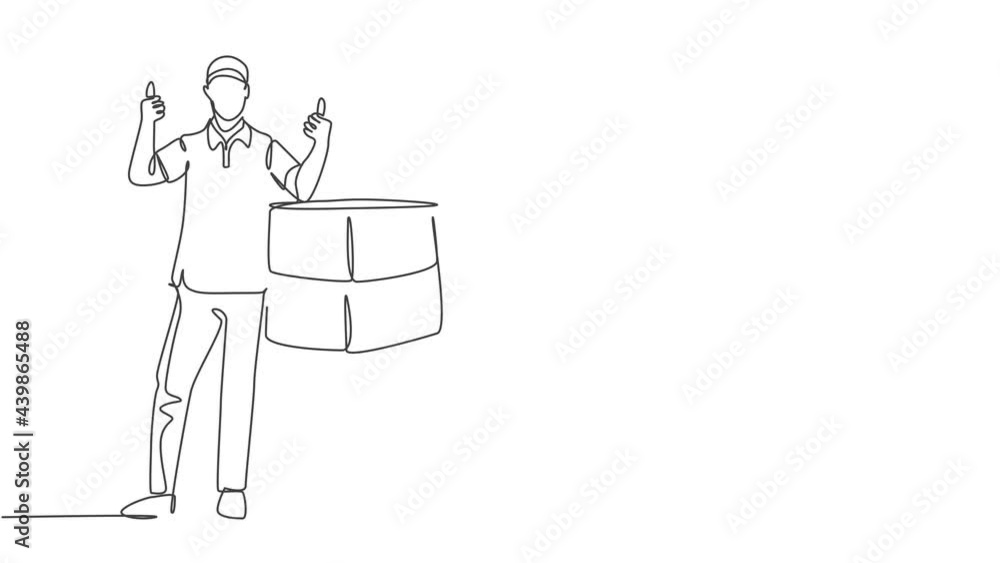 Animation of one line drawing of delivery man thumbs up while lift up and deliver packages to customer. Delivery service business concept. Continuous line self drawing animated. Full length motion. Animation of one line drawing of delivery man thumbs up while lift up and deliver packages to customer. Delivery service business concept. Continuous line self drawing animated. Full length motion.
