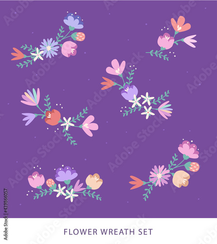 Flower wreath. Vector branch with colorful flowers on dark purple background. Daisies, tulips, crocuses and etc. Rounded wreaths set. Pink, red, yellow, purple, white, green colours for your design.