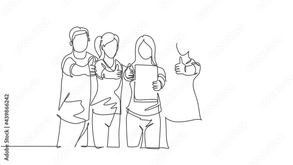 Self drawing animation of single line draw group of entrepreneur show the award certificate and giving thumbs up gesture. Business achievement concept. Continuous line draw. Full length animated. Self drawing animation of single line draw group of entrepreneur show the award certificate and giving thumbs up gesture. Business achievement concept. Continuous line draw. Full length animated.
