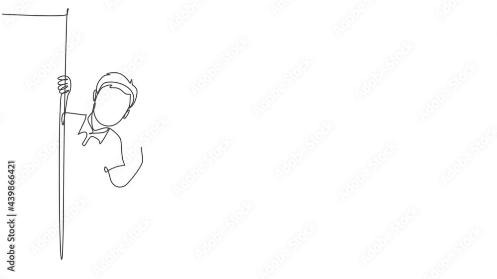 Animation of one line drawing of student boy school student appeared from behind the wall and giving thumbs up gesture. Education concept. Continuous line self drawing animated. Full length motion. Animation of one line drawing of student boy school student appeared from behind the wall and giving thumbs up gesture. Education concept. Continuous line self drawing animated. Full length motion.