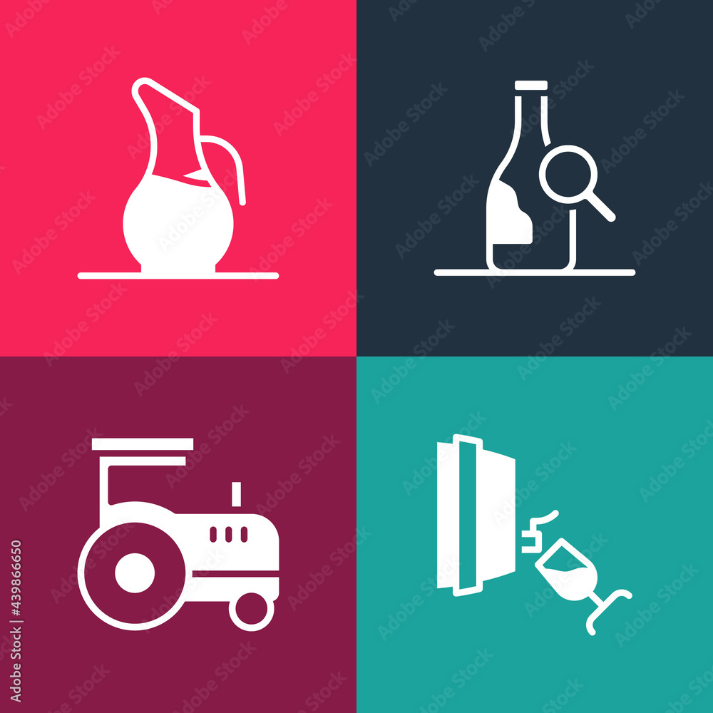 Set pop art Wine tasting, degustation, Tractor, Bottle of wine and Decanter for icon. Vector Set pop art Wine tasting, degustation, Tractor, Bottle of wine and Decanter for icon. Vector