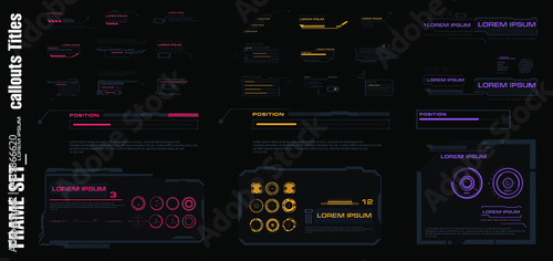 Set frames, callouts and headers. Set of modern elements for the HUD interface. Menu elements for the game HUD interface. Information panels and boxes
