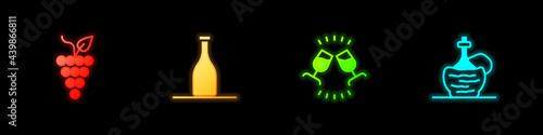 Set Bunch of grapes, Bottle wine, Wine tasting, degustation and italian fiasco bottle icon. Vector
