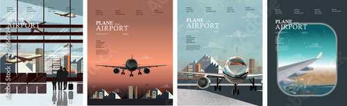Airplane and airport. Vector illustration of a porthole with an airplane wing, flight and terminal interior with traveling people