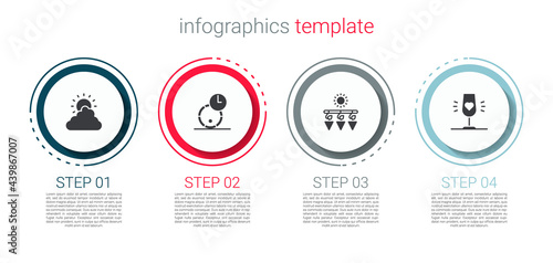 Set Sun and cloud weather, Wooden barrel for wine, Drying grapes and Wine glass. Business infographic template. Vector