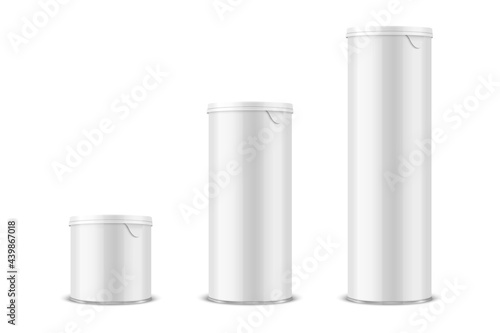 Wallpaper Mural Vector 3d Realistic Blank Glossy White Metal Tin Can, Canned Food, Potato Chips Packaging With Lid Set Isolated On White Background. Small, Medium, Big Size. Design Template, Mockup. Front View Torontodigital.ca