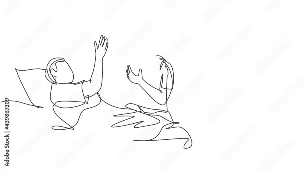 Self drawing animation of single line draw son take care of his sick father should be take a bed rest and give high five gesture. Medical healthcare concept continuous line draw. Full length animated. Self drawing animation of single line draw son take care of his sick father should be take a bed rest and give high five gesture. Medical healthcare concept continuous line draw. Full length animated.