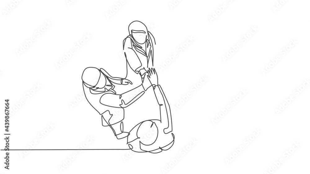 Animation of one line drawing group of businessmen businesswomen celebrating their successive goal with high five gesture. Business concept. Continuous line self drawing animated. Full length motion. Animation of one line drawing group of businessmen businesswomen celebrating their successive goal with high five gesture. Business concept. Continuous line self drawing animated. Full length motion.