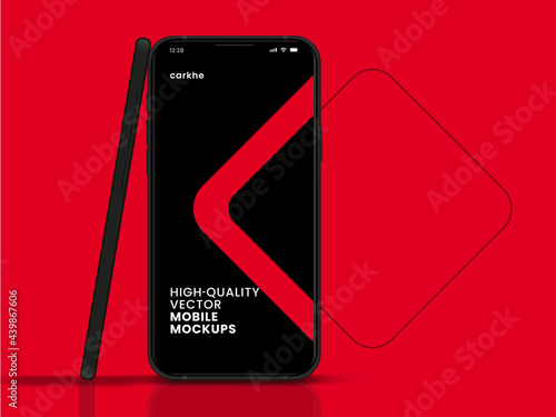 High quality vector mobile mockups. Realistic smartphone. Device UI UX mockup for presentation template. Cellphone frame with blank display isolated templates. 3D isometric illustration cell phone