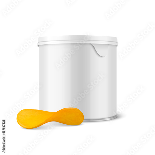 Vector 3d Realistic Blank White Metal Tin Can, Canned Food, Potato Chips Packaging with Lid and Realistic Textured Chips Isolated On White. Small Size. Design Template, Mockup. Front View