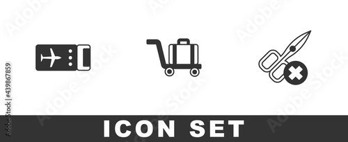 Set Airline ticket, Trolley baggage and No scissors icon. Vector