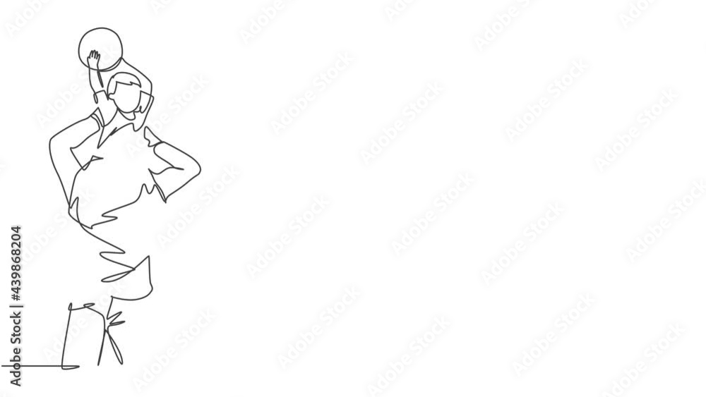 Animation of one line drawing of father lift up his son on the shoulder and playing ball together at outdoor park. Parenting family concept. Continuous line self drawing animated. Full length motion. Animation of one line drawing of father lift up his son on the shoulder and playing ball together at outdoor park. Parenting family concept. Continuous line self drawing animated. Full length motion.