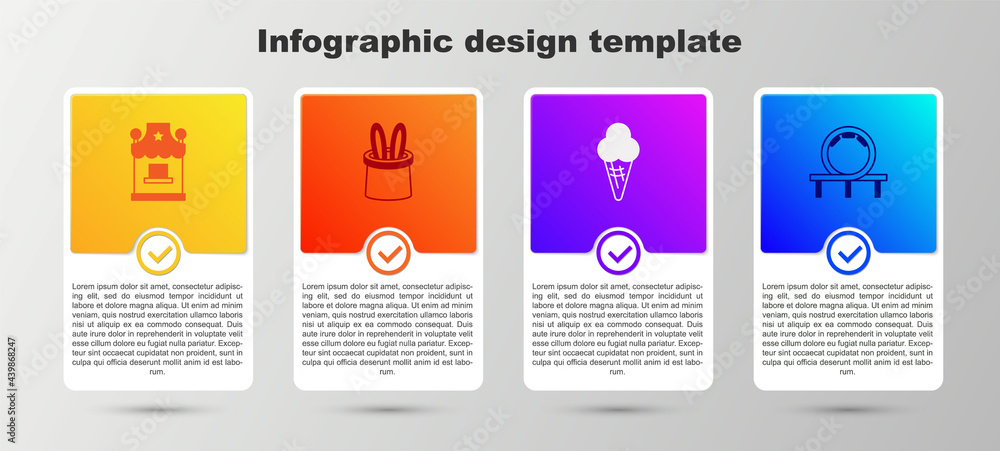 Set Ticket box office, Magician hat and rabbit ears, Ice cream in waffle cone and Roller coaster. Business infographic template. Vector Set Ticket box office, Magician hat and rabbit ears, Ice cream in waffle cone and Roller coaster. Business infographic template. Vector
