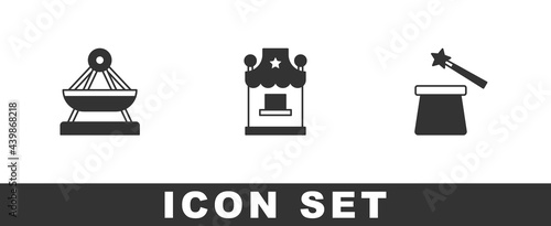 Set Boat swing, Ticket box office and Magic hat and wand icon. Vector