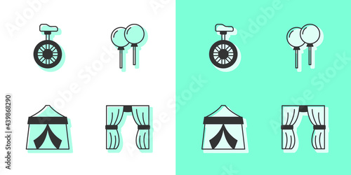 Set Circus curtain raises, Unicycle or one wheel bicycle, tent and Balloons with ribbon icon. Vector