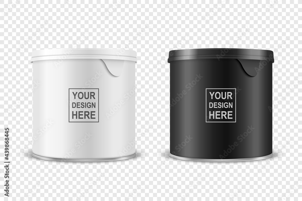Vector 3d Realistic Blank Glossy White, Black Metal Tin Can, Canned Food, Potato Chips Packaging With Lid Set Isolated On Transparent Background. Small Size. Design Template, Mockup. Front View Vector 3d Realistic Blank Glossy White, Black Metal Tin Can, Canned Food, Potato Chips Packaging With Lid Set Isolated On Transparent Background. Small Size. Design Template, Mockup. Front View