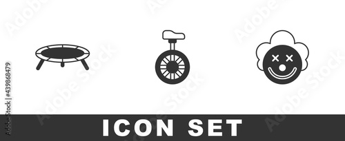 Set Jumping trampoline, Unicycle or one wheel bicycle and Clown head icon. Vector