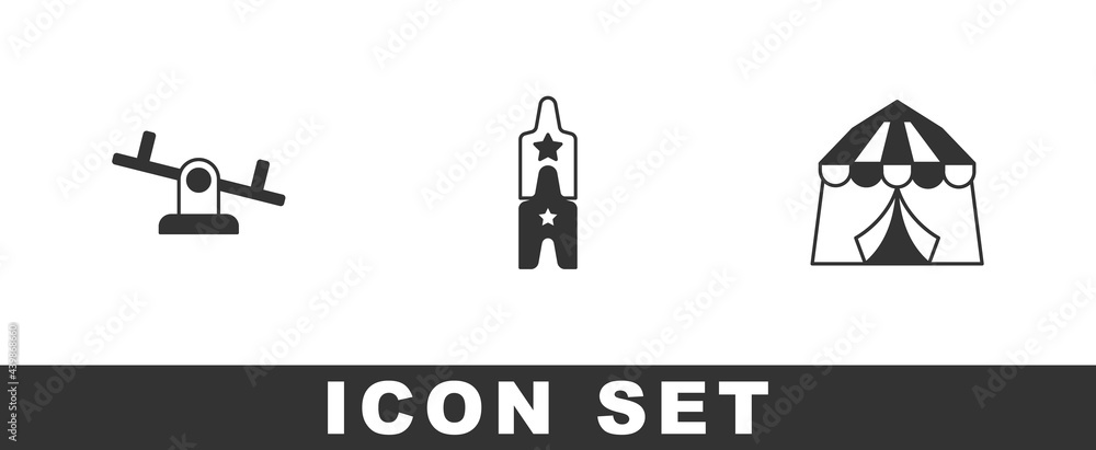 Set Seesaw, Circus ticket and tent icon. Vector