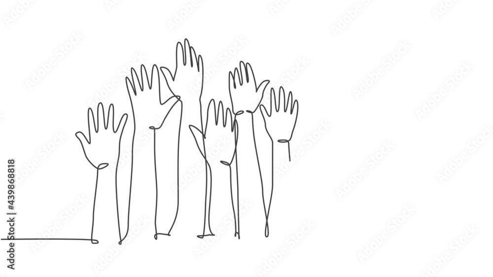 Animation of one single line drawing of group of people open up and raising their hands up into the air. Business team work concept. Continuous line self drawing animated. Full length motion. Animation of one single line drawing of group of people open up and raising their hands up into the air. Business team work concept. Continuous line self drawing animated. Full length motion.