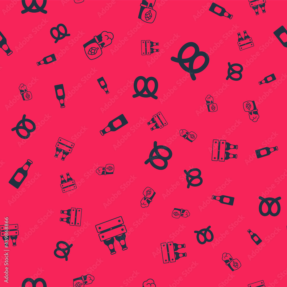 Set Pack of beer bottles, Glass, Beer and Pretzel on seamless pattern. Vector Set Pack of beer bottles, Glass, Beer and Pretzel on seamless pattern. Vector