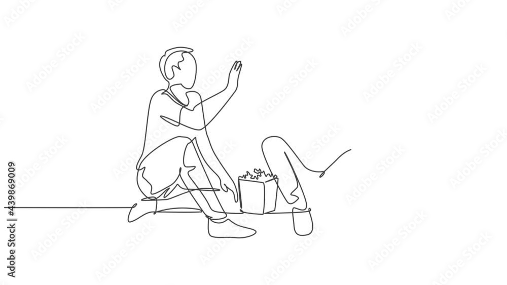 Animation of one line drawing of couple male and female relaxing and spending time together eating popcorn. Romantic relationship concept. Continuous line self drawing animated. Full length motion. Animation of one line drawing of couple male and female relaxing and spending time together eating popcorn. Romantic relationship concept. Continuous line self drawing animated. Full length motion.