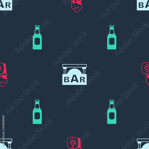 Set Glass of beer, Street signboard with Bar and Beer bottle on seamless pattern. Vector