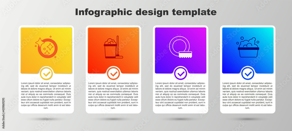Set Washing dishes, Mop and bucket, and Basin with soap suds. Business infographic template. Vector Set Washing dishes, Mop and bucket, and Basin with soap suds. Business infographic template. Vector