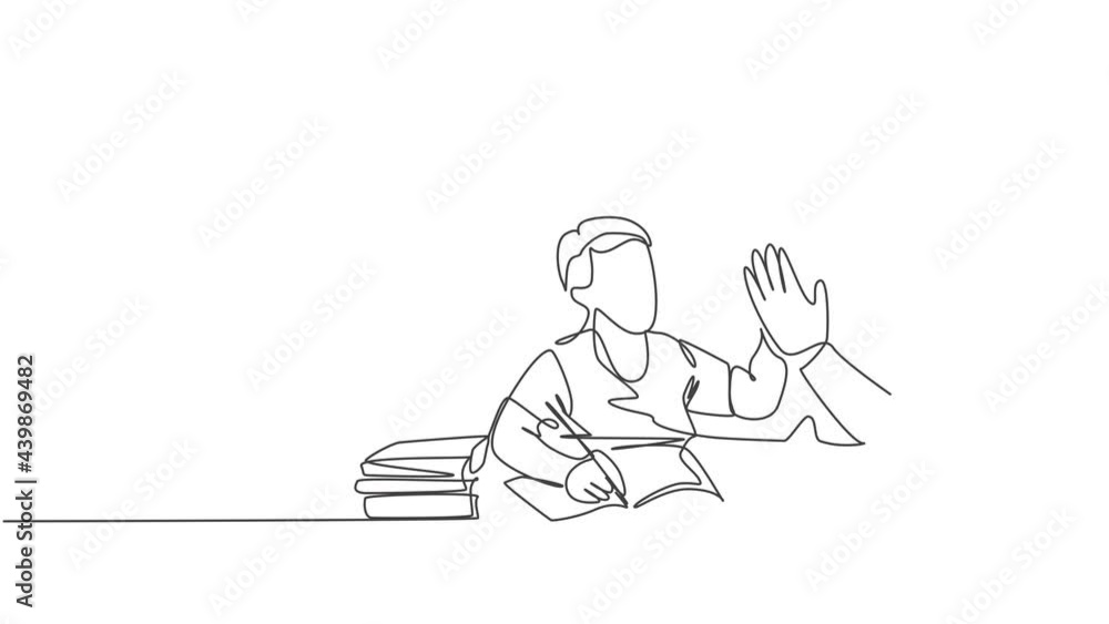 Animation of one single line drawing of mother accompany her kid studying reading a book while give high five gesture. Parenting care concept. Continuous line self drawing animated. Full length motion Animation of one single line drawing of mother accompany her kid studying reading a book while give high five gesture. Parenting care concept. Continuous line self drawing animated. Full length motion
