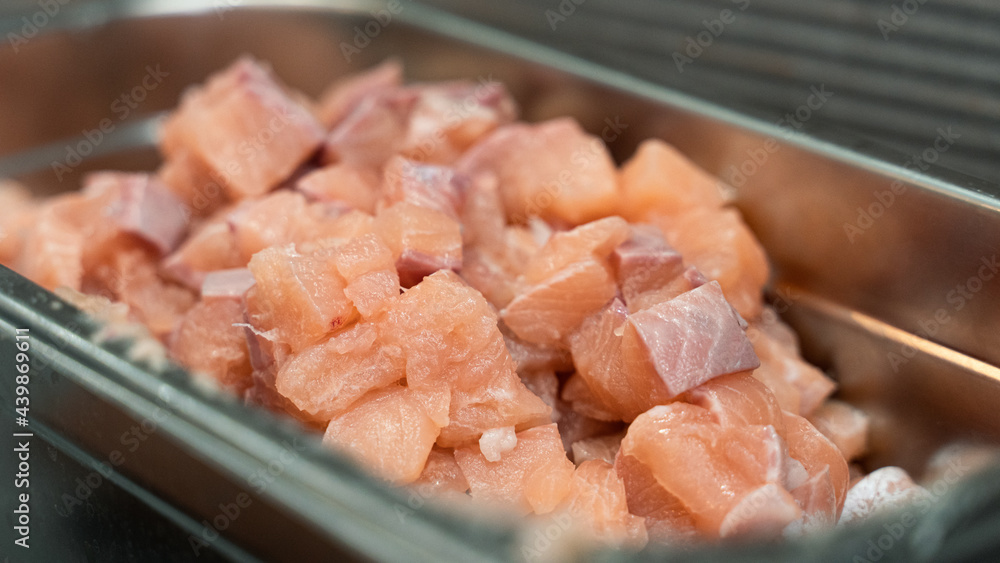 Cut smoked trout in a restaurant kitchen Cut smoked trout in a restaurant kitchen