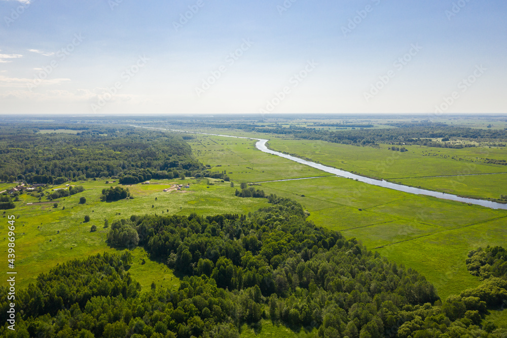 Deima river in Kaliningrad region, Russia, view from a drone