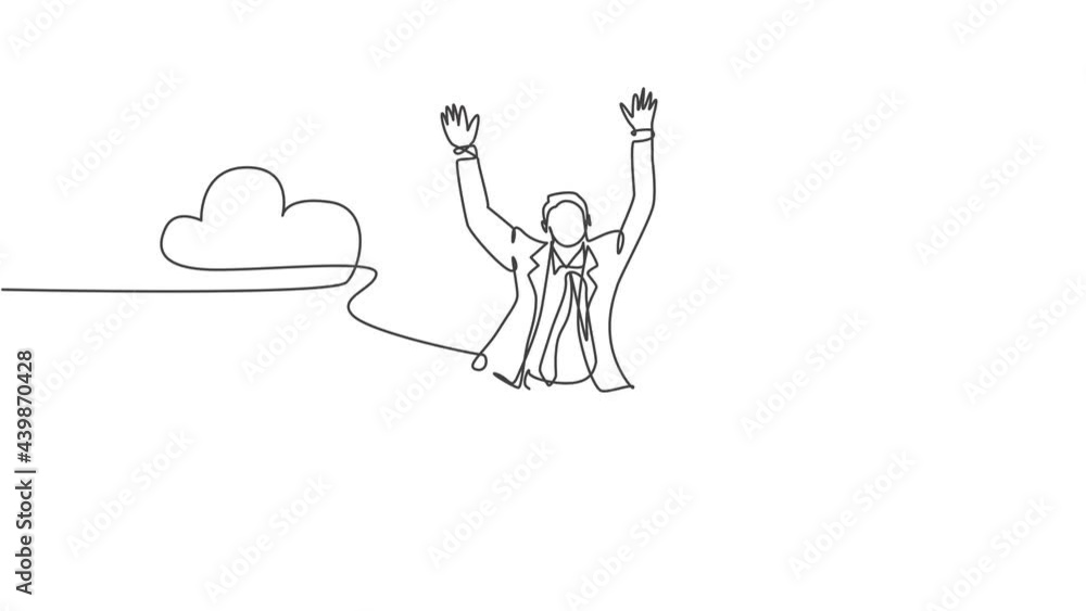 Animation of one line drawing of happy businessman stretch out his hands into the air and jumping over the cloud. Celebration concept continuous line self drawing animated. Full length motion. Animation of one line drawing of happy businessman stretch out his hands into the air and jumping over the cloud. Celebration concept continuous line self drawing animated. Full length motion.