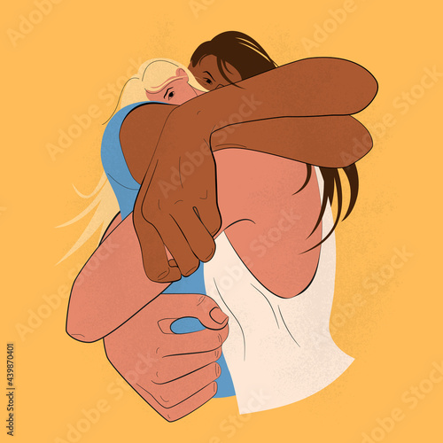 Hugging two girls. Lovers. Embrace one another. LGBT couple. Character design. Flat Vector Illustration.