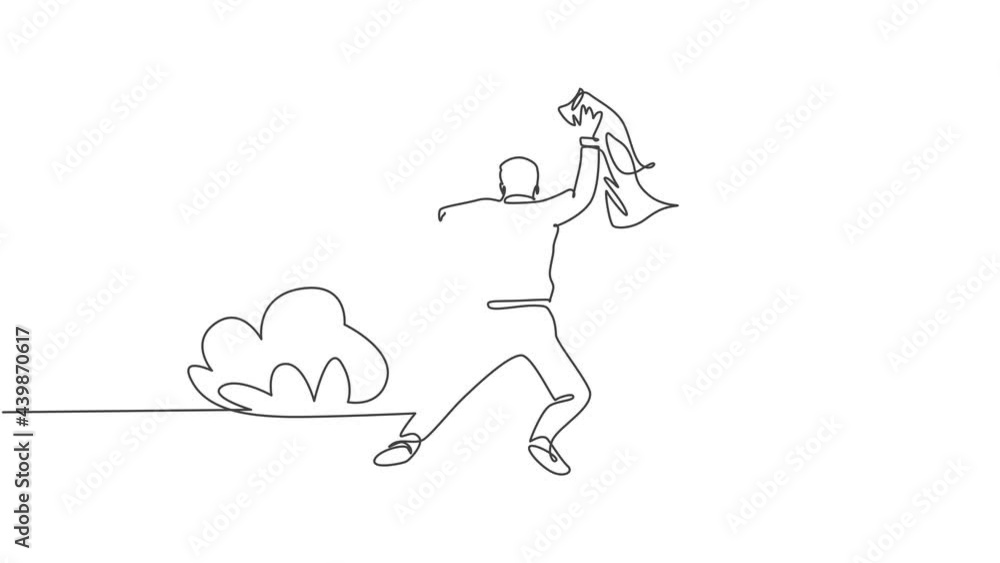 Animation of one line drawing of energetic businessman stretch out his hands into the air and jumping over the cloud. Celebration concept continuous line self drawing animated. Full length motion. Animation of one line drawing of energetic businessman stretch out his hands into the air and jumping over the cloud. Celebration concept continuous line self drawing animated. Full length motion.