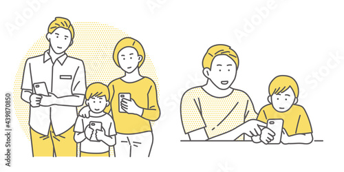 子どもにスマートフォンをもたせる家族のイラスト