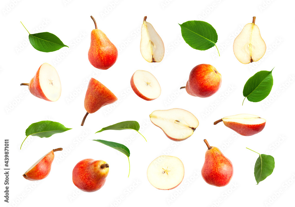 Red ripe juicy pear and green leaves isolated on white background. Sweet whole pears and sliced. Summer healthy organic fruits, food, harvesting. Pear collection. Fruit set for your design Red ripe juicy pear and green leaves isolated on white background. Sweet whole pears and sliced. Summer healthy organic fruits, food, harvesting. Pear collection. Fruit set for your design