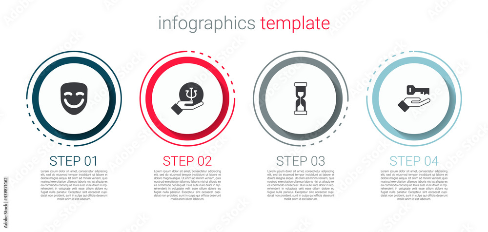 Set Comedy theatrical mask, Psychology, Psi, Old hourglass and Solution to problem. Business infographic template. Vector Set Comedy theatrical mask, Psychology, Psi, Old hourglass and Solution to problem. Business infographic template. Vector