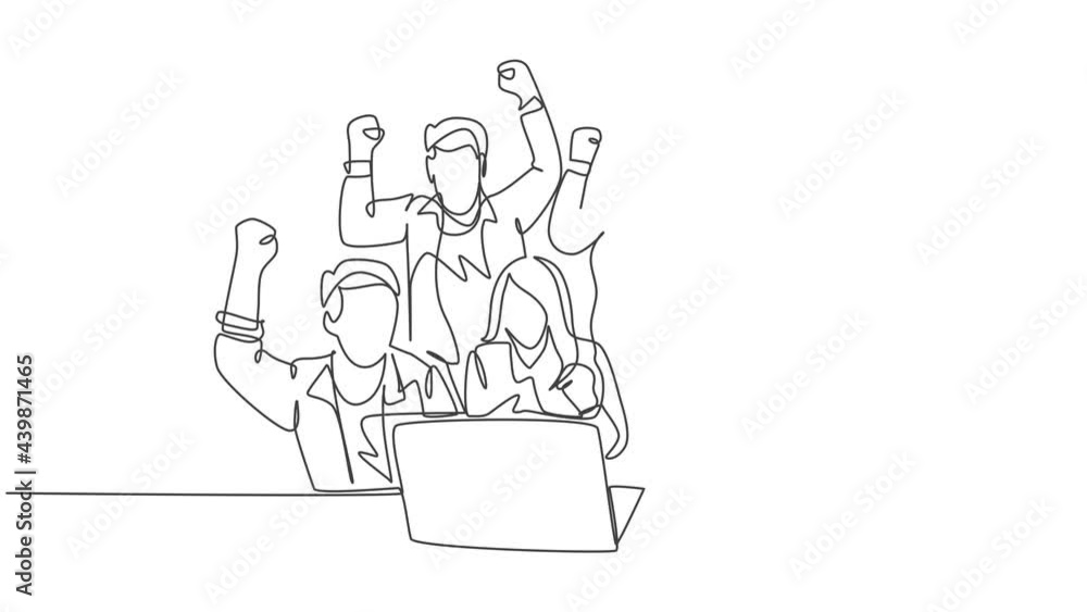 Animated self drawing of one continuous line draw businessman and businesswoman sitting in front of laptop and celebrating their success. Team work goal concept. Full length single line animation. Animated self drawing of one continuous line draw businessman and businesswoman sitting in front of laptop and celebrating their success. Team work goal concept. Full length single line animation.
