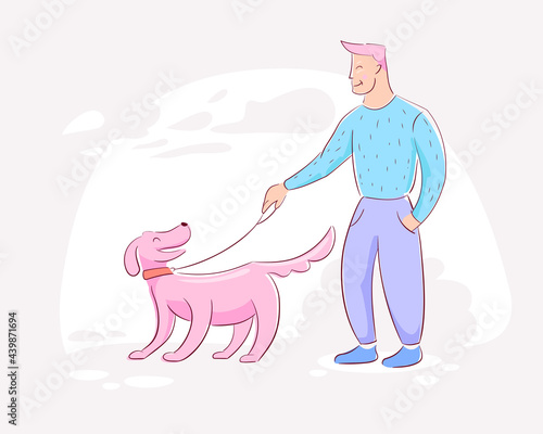A man walks his beloved dog on the street. The concept of happiness and healthy relationships. Color vector illustration concept.