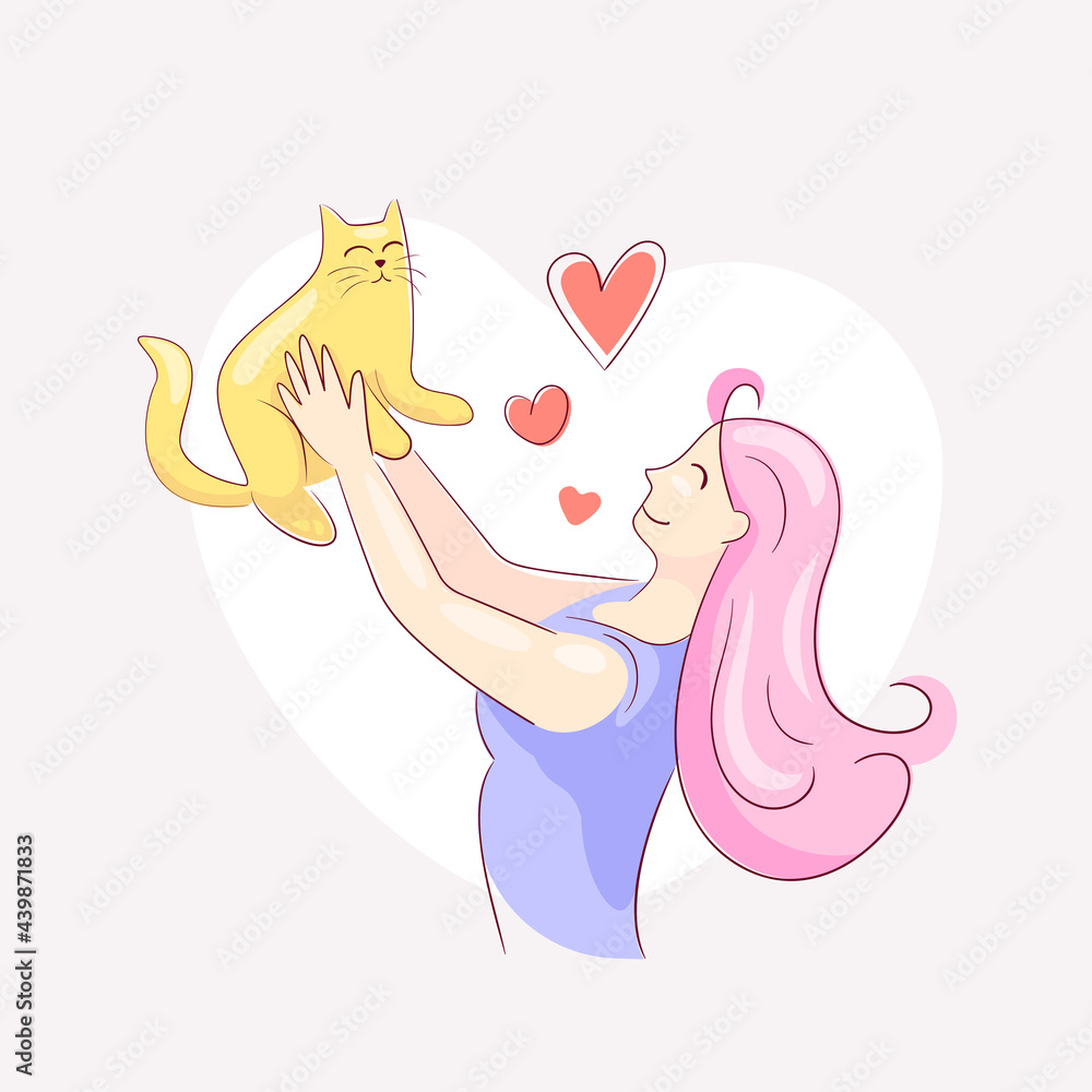 A sweet girl raised a joyful cat above her head. Good human pet friendship with heart symbols. Vector illustration about love for kittens.