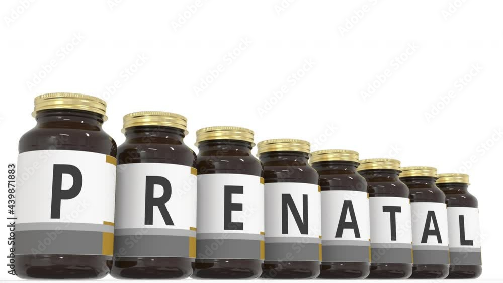 PRENATAL text on the labels of medical bottles. 3d animation PRENATAL text on the labels of medical bottles. 3d animation