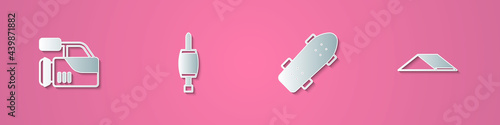 Set paper cut Cinema camera, Screwdriver, Skateboard and park icon. Paper art style. Vector