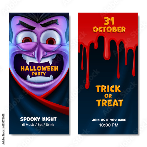 graphic with dracula with open mouth and banner with blood advertising for halloween