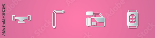 Set paper cut Skateboard wheel, Tool allen keys, Cinema camera and Knee pads icon. Paper art style. Vector