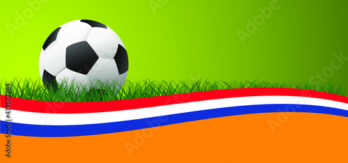 the Netherlands, Dutch flag. Soccer green, orange football grass field. Flat vector background banner for EK, WK play model. Sport finale game. Team sports. Foot ball sign. Holland. 2020, 2021, 2022