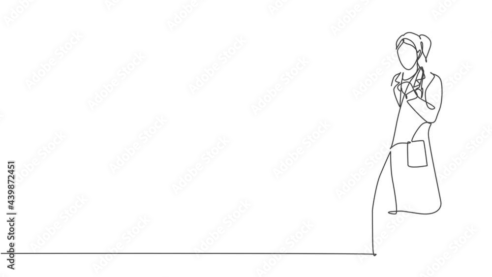 Self drawing animation of one single line draw young female doctor fist his hands to the air to celebrate his success treat the patient. Medical concept continuous line draw. Full length animated. Self drawing animation of one single line draw young female doctor fist his hands to the air to celebrate his success treat the patient. Medical concept continuous line draw. Full length animated.