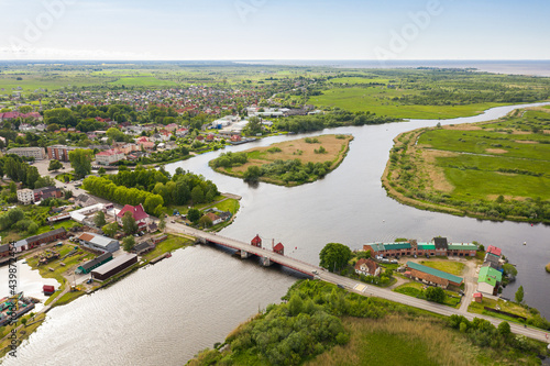 Aerial view of the old bridge in Polessk town, Kaliningrad region