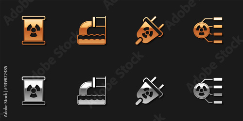 Set Radioactive waste in barrel, Wastewater, Radiation electrical plug and icon. Vector