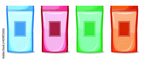 Colorful blank doypack pouch bag for food  packaging with zipper. Mock up template ready your product design vector isolated on white background for packing snack or chips.